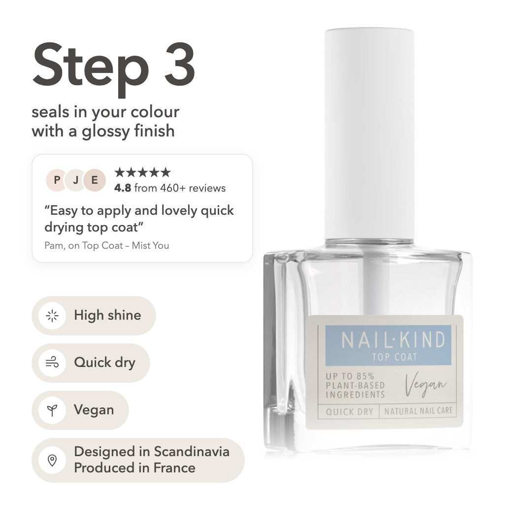 Top Coat Mist You: step 3, seals in your colour with a glossy finish, high shine, quick dry, vegan, designed in Scandinavia, produced in France