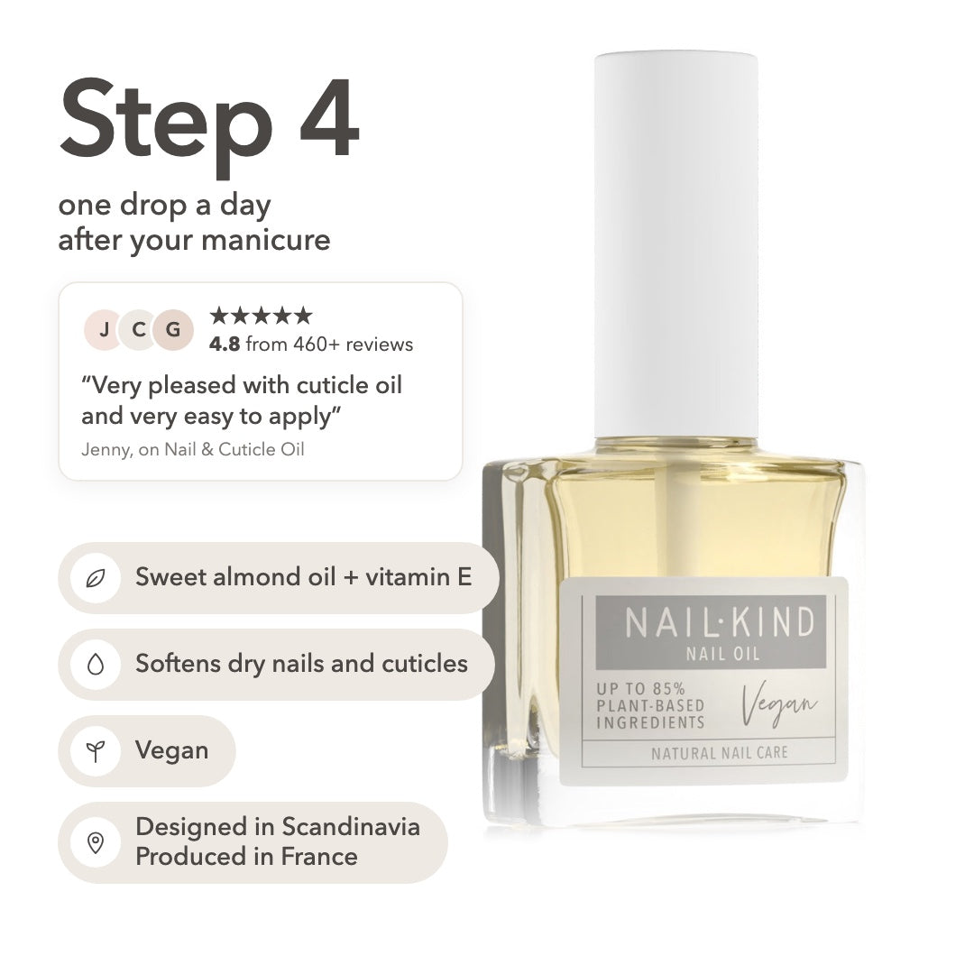 Nail and Cuticle Oil: 99% ingredients of natural origin, sweet almond oil and vitamin E, softens dry cuticles, vegan, designed in Scandinavia, produced in France