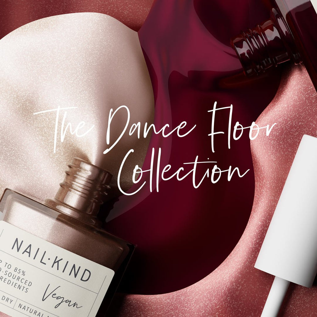 A shimmering bronze, iridescent pink and dark plum red collection of nail lacquers by NailKind 