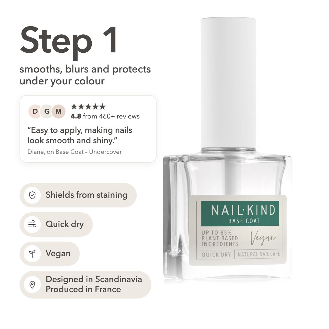 Base Coat Undercover: step 1, smooths, blurs and protects under your colour, shields from staining, quick dry, vegan, designed in Scandinavia, produced in France